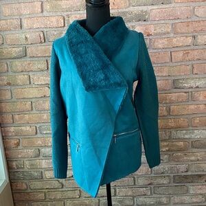 Teal Women's Jacket with Faux Fur Collar
